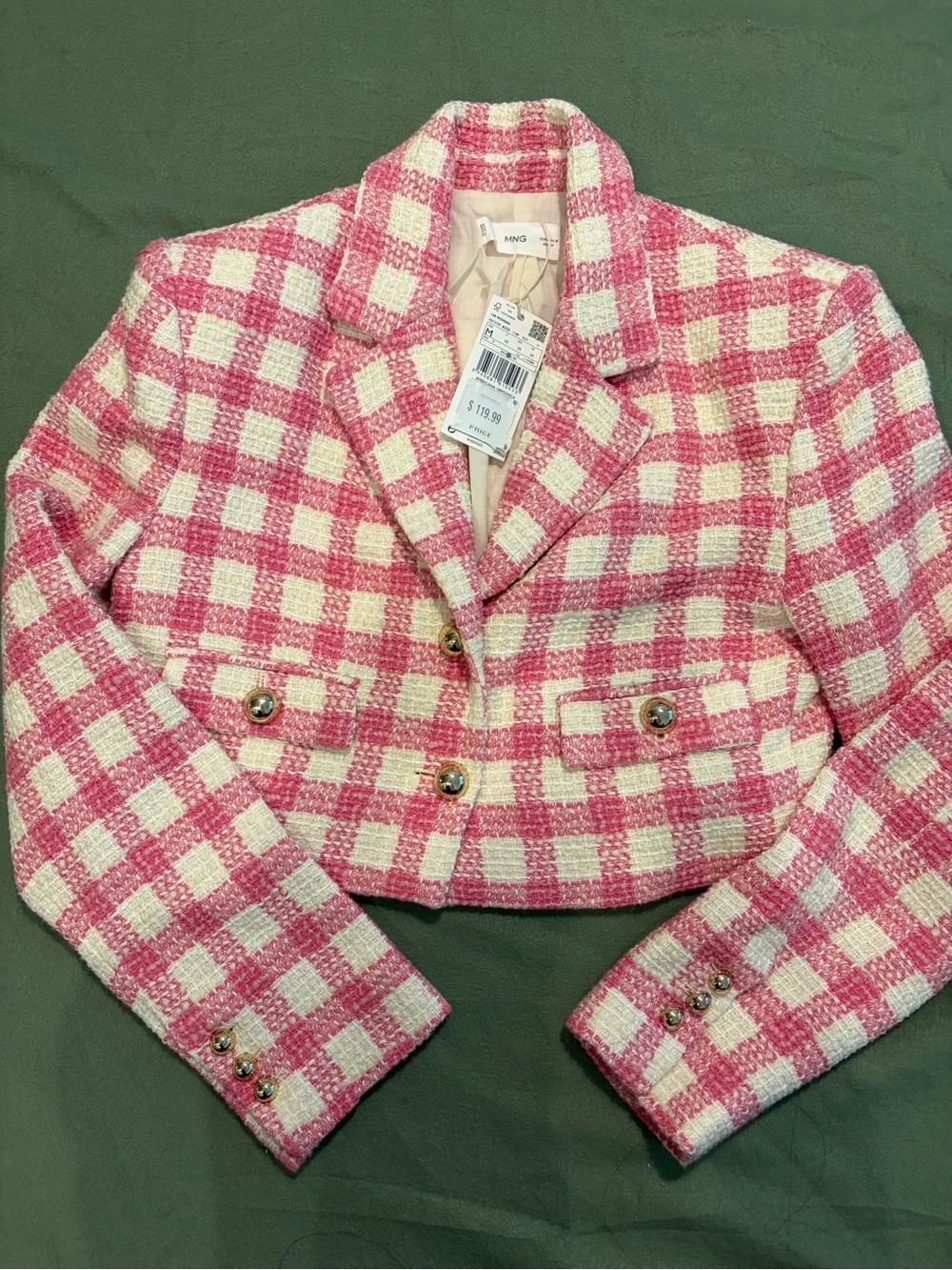 Mango Pink and White Check Tweed Cropped Blazer